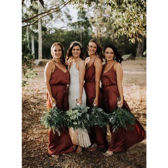 David's Bridal Boho Copper Bridesmaid Dress Rust Orange Satin Prom Strapless - Picture 8 of 8